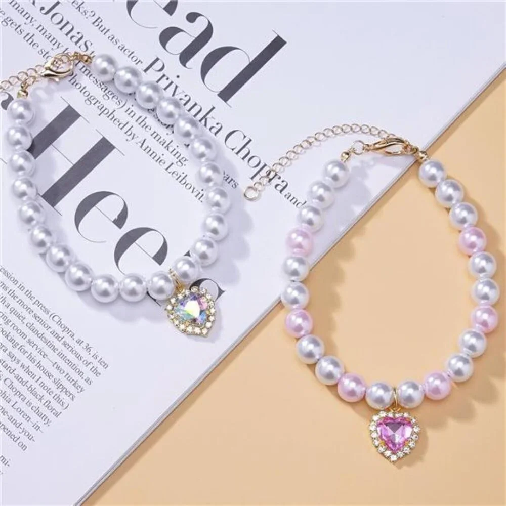 2Pcs Dog Cat Pearl Necklace Collar - 8.2''